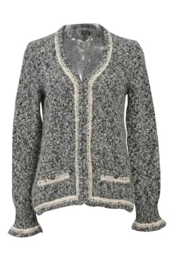 Two-tone marled cashmere bouclé knit zip-up cardigan with concealed closure and flounce cuffs