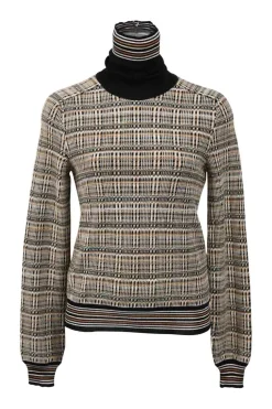 Two-tone multi-print panelled wool-blend knit turtleneck pullover sweater
