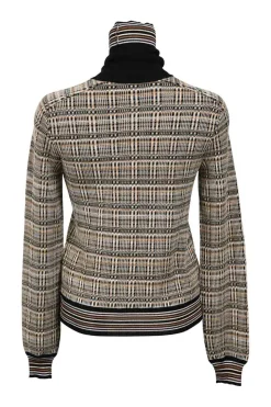 Two-tone multi-print panelled wool-blend knit turtleneck pullover sweater