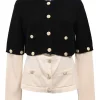 Two-tone paneled cashmere interlock jersey knit button-front convertible cardigan with Coco Mark shank buttons