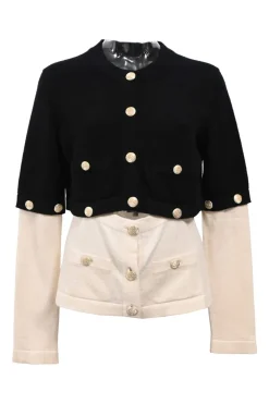 Two-tone paneled cashmere interlock jersey knit button-front convertible cardigan with Coco Mark shank buttons