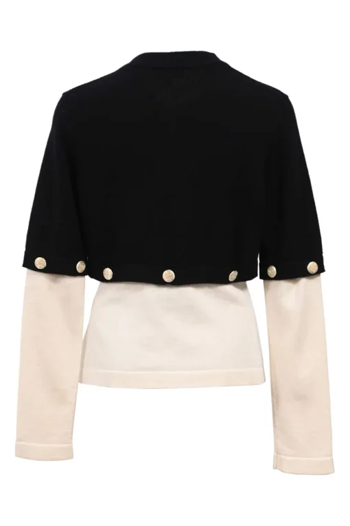 Two-tone paneled cashmere interlock jersey knit button-front convertible cardigan with Coco Mark shank buttons