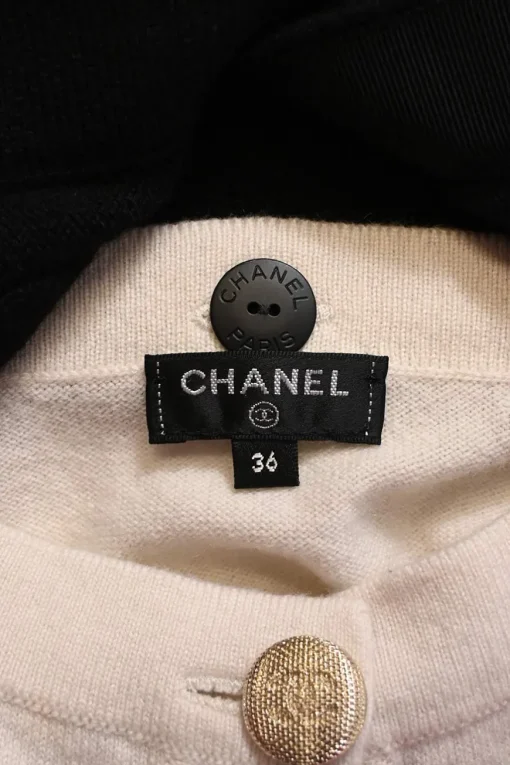 Two-tone paneled cashmere interlock jersey knit button-front convertible cardigan with Coco Mark shank buttons