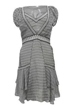 Two-tone paneled silk abstract graphic print puff sleeve empire-waist puff sleeve mini dress