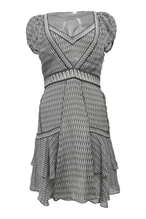Two-tone paneled silk abstract graphic print puff sleeve empire-waist puff sleeve mini dress