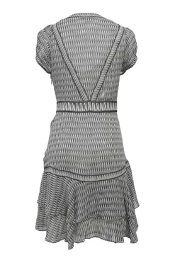 Two-tone paneled silk abstract graphic print puff sleeve empire-waist puff sleeve mini dress