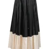 Two-tone polyester plissé midi skirt with toggle waist