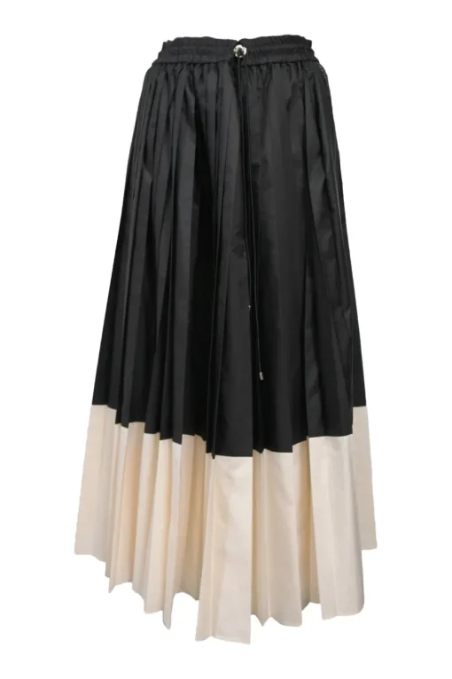 Two-tone polyester plissé midi skirt with toggle waist