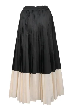 Two-tone polyester plissé midi skirt with toggle waist