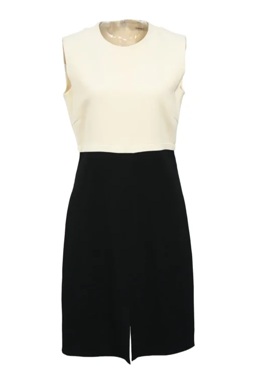 Two-tone rayon-blend sleeveless slit-front mini dress