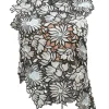 Two-tone scalloped floral guipure lace asymmetric high-collar illusion camisole