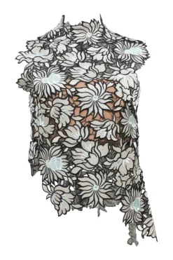 Two-tone scalloped floral guipure lace asymmetric high-collar illusion camisole