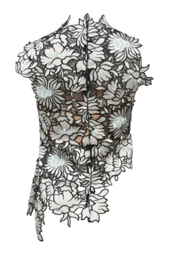 Two-tone scalloped floral guipure lace asymmetric high-collar illusion camisole