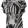 Two-tone screen-printed cotton jersey knit abstract zebra print cap sleeve pullover blouse