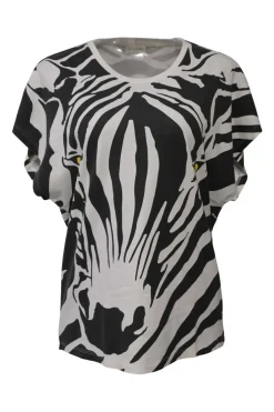 Two-tone screen-printed cotton jersey knit abstract zebra print cap sleeve pullover blouse