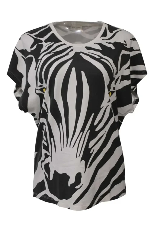 Two-tone screen-printed cotton jersey knit abstract zebra print cap sleeve pullover blouse