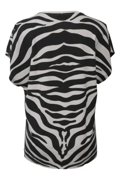 Two-tone screen-printed cotton jersey knit abstract zebra print cap sleeve pullover blouse