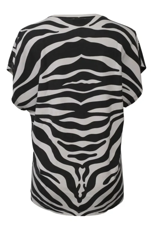 Two-tone screen-printed cotton jersey knit abstract zebra print cap sleeve pullover blouse