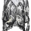 Two-tone semi-sheer printed georgette plunge neck gathered blouse with batwing sleeves