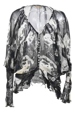 Two-tone semi-sheer printed georgette plunge neck gathered blouse with batwing sleeves