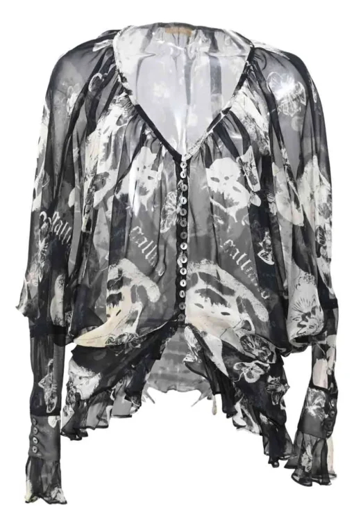 Two-tone semi-sheer printed georgette plunge neck gathered blouse with batwing sleeves