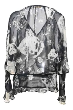 Two-tone semi-sheer printed georgette plunge neck gathered blouse with batwing sleeves