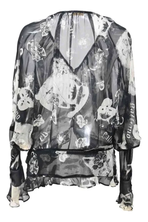 Two-tone semi-sheer printed georgette plunge neck gathered blouse with batwing sleeves