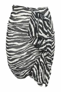 Two-tone semi-sheer viscose zebra print sarong-style ruched pencil skirt with cascade draped detail