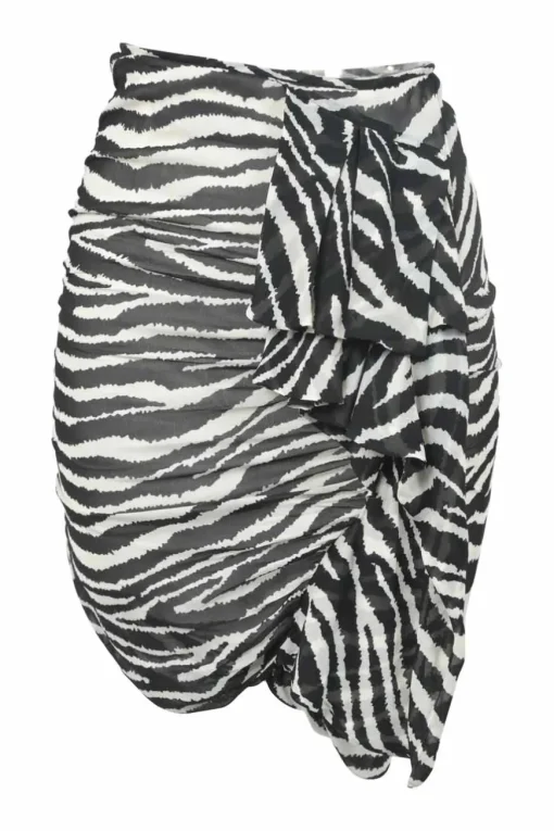 Two-tone semi-sheer viscose zebra print sarong-style ruched pencil skirt with cascade draped detail