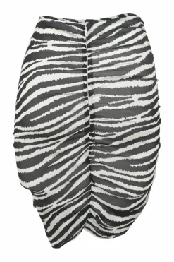 Two-tone semi-sheer viscose zebra print sarong-style ruched pencil skirt with cascade draped detail