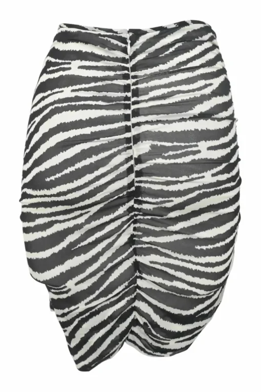 Two-tone semi-sheer viscose zebra print sarong-style ruched pencil skirt with cascade draped detail