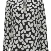 Two-tone silk graphic heart print split neck long sleeve blouse