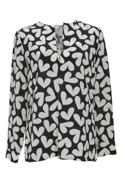 Two-tone silk graphic heart print split neck long sleeve blouse