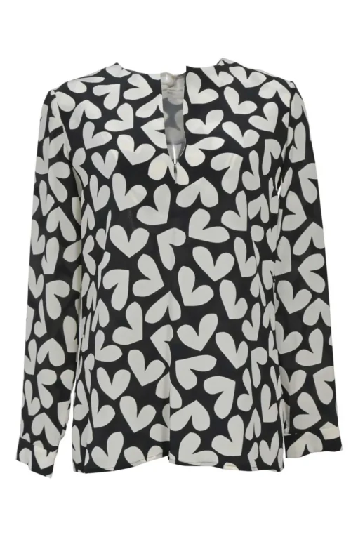 Two-tone silk graphic heart print split neck long sleeve blouse