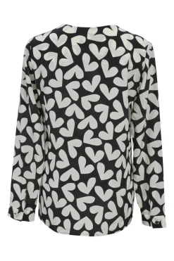Two-tone silk graphic heart print split neck long sleeve blouse
