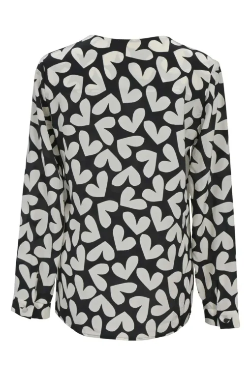 Two-tone silk graphic heart print split neck long sleeve blouse