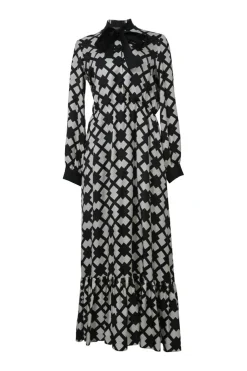 Two-tone silk graphic rhombus tile print pussy-bow maxi shirt dress