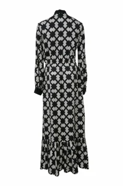 Two-tone silk graphic rhombus tile print pussy-bow maxi shirt dress