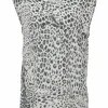 Two-tone silk leopard print cap sleeve blouse with coat of arms shank button appliqué at shoulder line