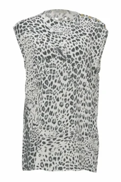 Two-tone silk leopard print cap sleeve blouse with coat of arms shank button appliqué at shoulder line