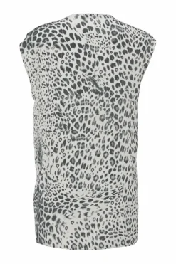 Two-tone silk leopard print cap sleeve blouse with coat of arms shank button appliqué at shoulder line