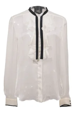 Two-tone silk tie-neck jabot blouse