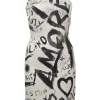 Two-tone silk-blend DG graffiti print bustier sheath dress with logo straps