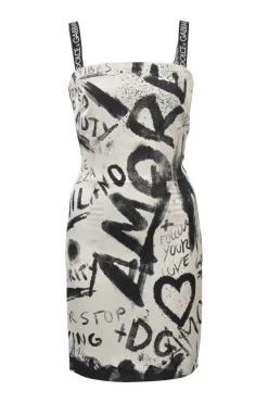 Two-tone silk-blend DG graffiti print bustier sheath dress with logo straps
