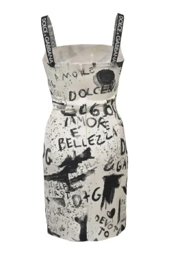 Two-tone silk-blend DG graffiti print bustier sheath dress with logo straps