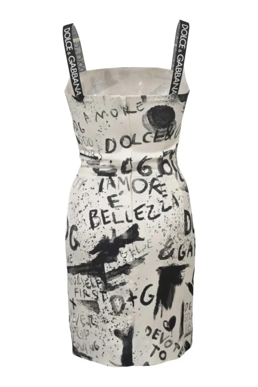 Two-tone silk-blend DG graffiti print bustier sheath dress with logo straps