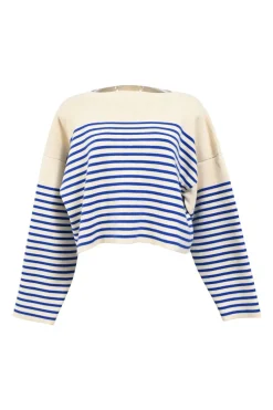 Two-tone striped cotton jersey knit bateau neck cropped pullover sweater