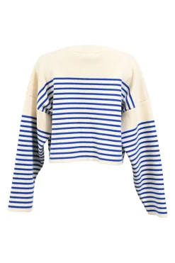 Two-tone striped cotton jersey knit bateau neck cropped pullover sweater