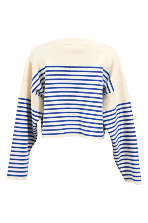 Two-tone striped cotton jersey knit bateau neck cropped pullover sweater