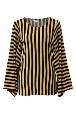 Two-tone striped cotton-blend velvet wide-sleeve top